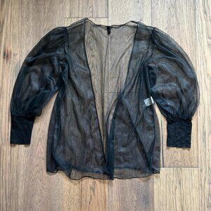 Vintage Black Sheer Mesh Chiffon Puff Sleeve Fitted Knit Cuff Blouse Cover Up L